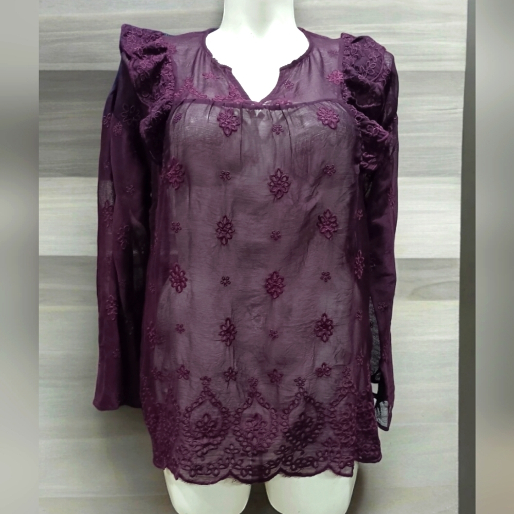 WEEKEND SUZANNE BETRO SHEER Plum Perfect WOMEN'S Sz M Bell Sleeve Blouse Tunic